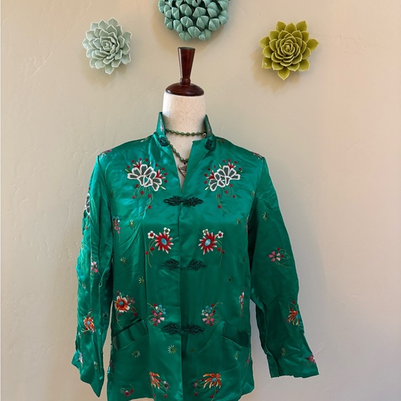 Stunning Emerald Green Vintage Plum Blossoms embroidered silk Jacket 34 - Picture 2 of 7